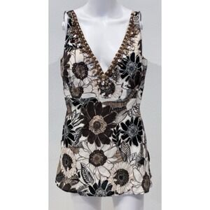 Cache Double Plunging V Neck Linen Brown Floral Beaded Top‎ Sz 12 Lined Y2K NWT